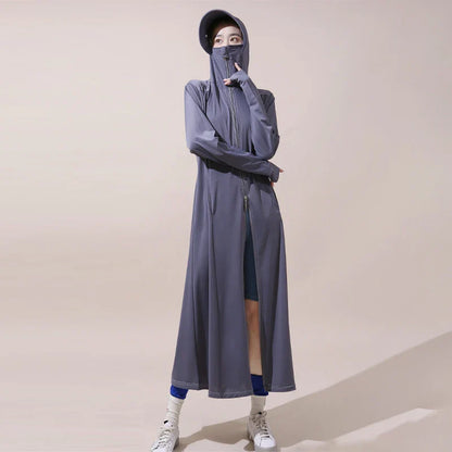 jinran Summer Women Hooded Sun Protection Long Trench Coat With Hand Cover Design Breathable Thin Cool Fabric Cosy Clothing  Outerwear