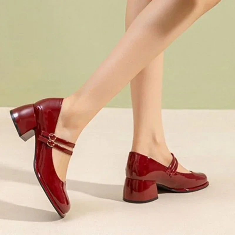 jinran Wine Red Elegant Women Mary Janes Shoes Square Toe Autumn Mid Heels Glass Pumps Zapatos 2024 New Fashion Style Party Mujer Botas