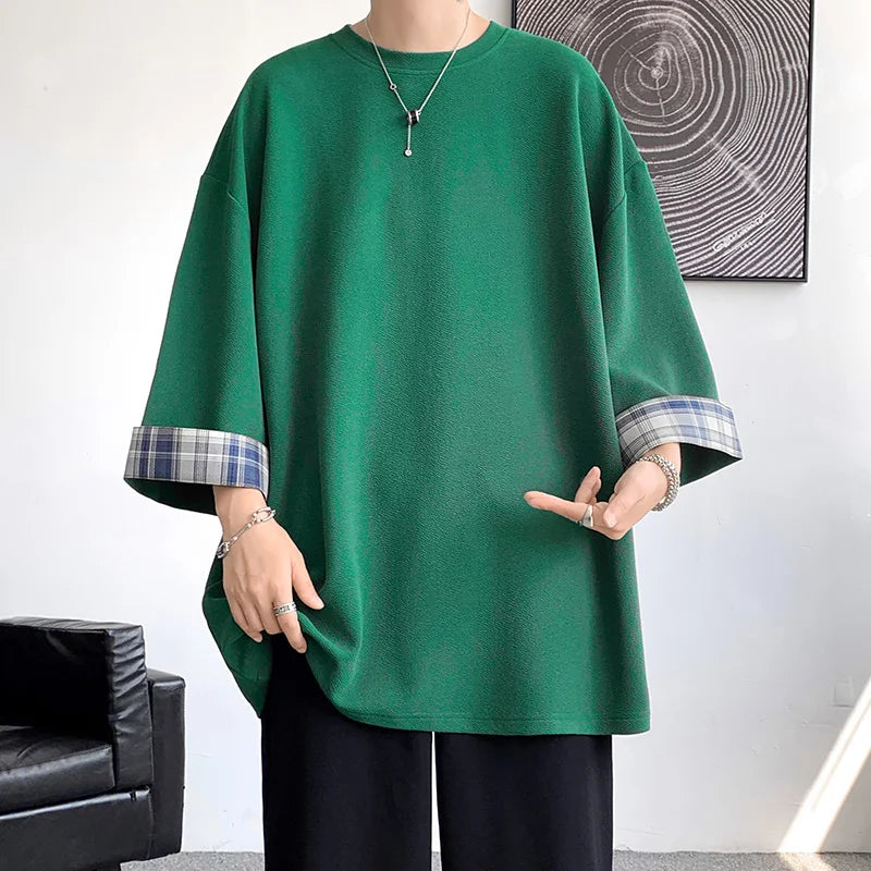 Spring Summer Men's T-shirts Women Oversized 2XL Korean Style Loose Plaid T-shirt Casual Seven sleeves T-Shirt Male White