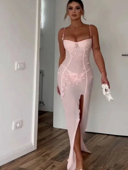 jinran Women's Backless Sleeveless Slit Suspender Long Dress Sexy 3d Floral High Waisted Vestidos 2024 Female New Evening Party Robes