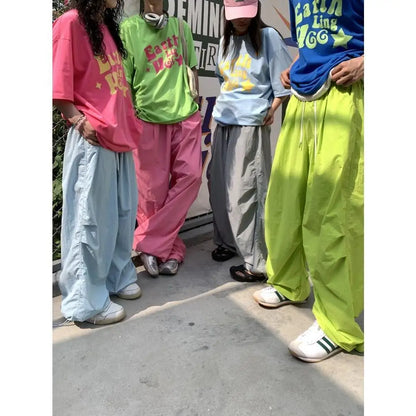 Y2k Pink Wide Parachute Pants Men Harajuku Quick Drying Oversized Casual Joggers Korean Streetwear Baggy Sports Trousers