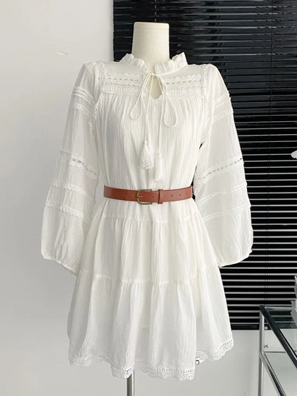 jinran Elegant Hollow-out White Dresses For Women Simmer New Lantern Sleeve With Belt Mini Dress French Style Shirt Vestidos 2024