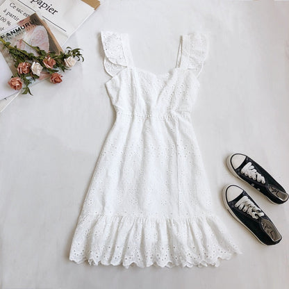 jinran 2022 New Summer Women Vintage Fashion Square Collar Sleeveless Hollow Out Solid Lace Mini Dress Ladies Party Vestidos