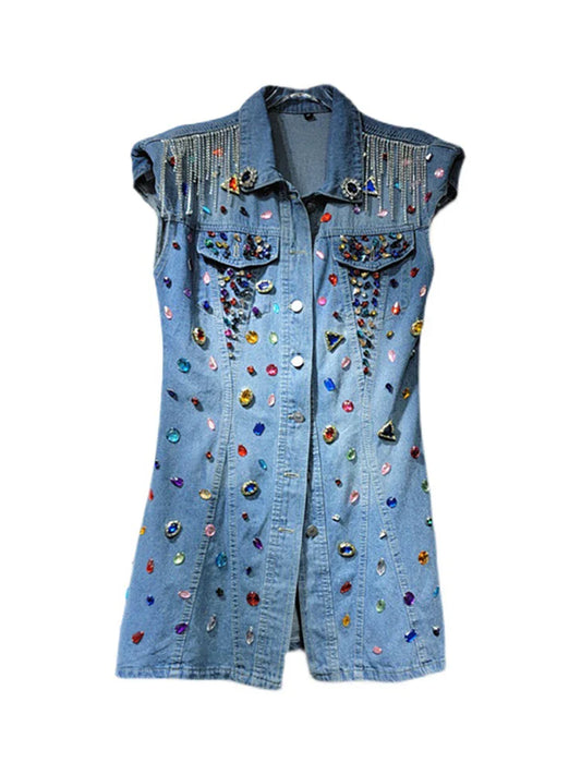 jinran Women Denim Dress Sleeveless Diamonds Gemstone Tassel Slim High Waist Single Breasted Dress 2024 Summer New Fashion 29L2129
