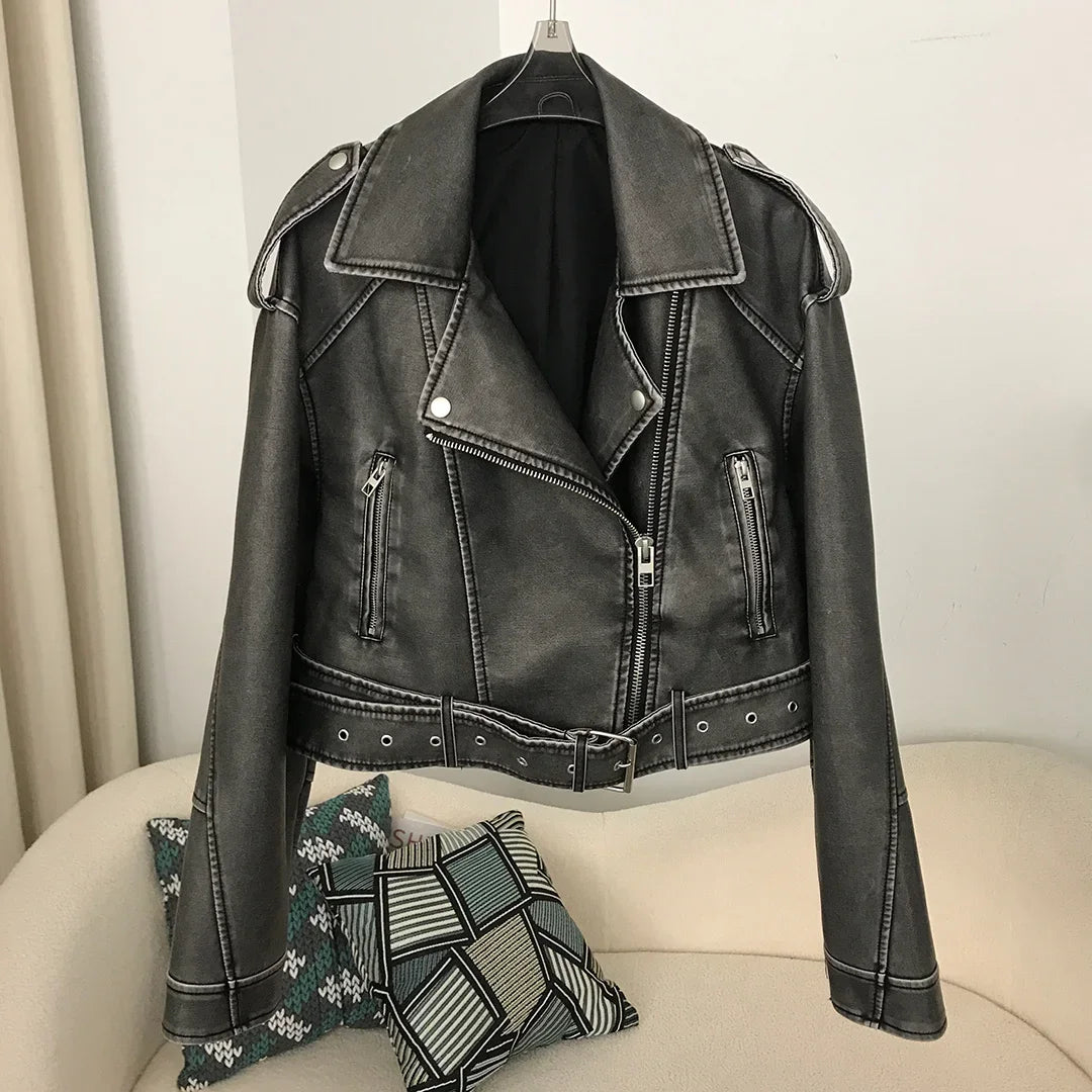 jinran Faux Leather Short Jacket 2024 Women Vintage Loose Pu with Belt Streetwear Female Zipper Retro Moto Biker Coat Outwear Tops