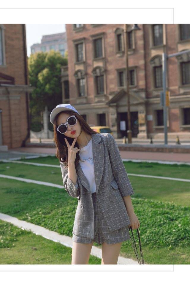 jinran Spring Summer Women Thin Casual Blazer Korean Fashion Graceful Plaid Suit Coat+Short Pants Two Pieces Set Workwear Female