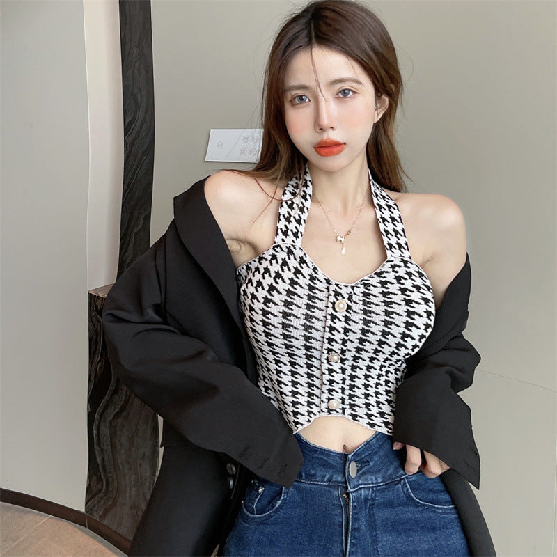 jinran Houndstooth V Neck Halter Top Crop Top Women Sexy Backless Camisole Knitting Soft Comfortable Vest Women 2022 New