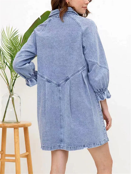 jinran Woman Sweet Pink Loose Denim Short Dress 2023 Summer Female Solid Single Breasted Mini Dress Casual Three-quarter Sleeve Dresses
