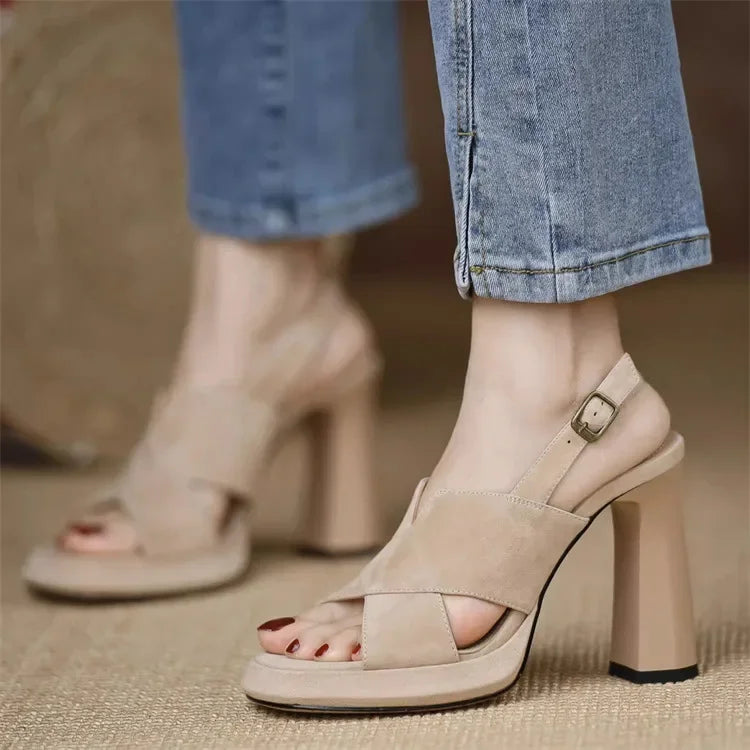 jinran 2024 Summer New One-button Sandals Lady Thick Open Toe Sexy Black Professional Casual High Heel Temperament Female Sandals shoes