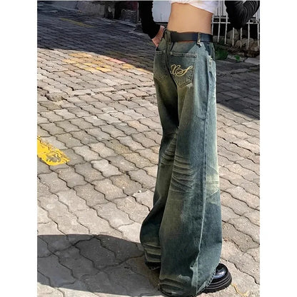 jinran American Retro Hottie Low-waist Jeans for Women 2024 Summer Old Washed Wide-leg Pants Loose Straight Leg Mopping Pants