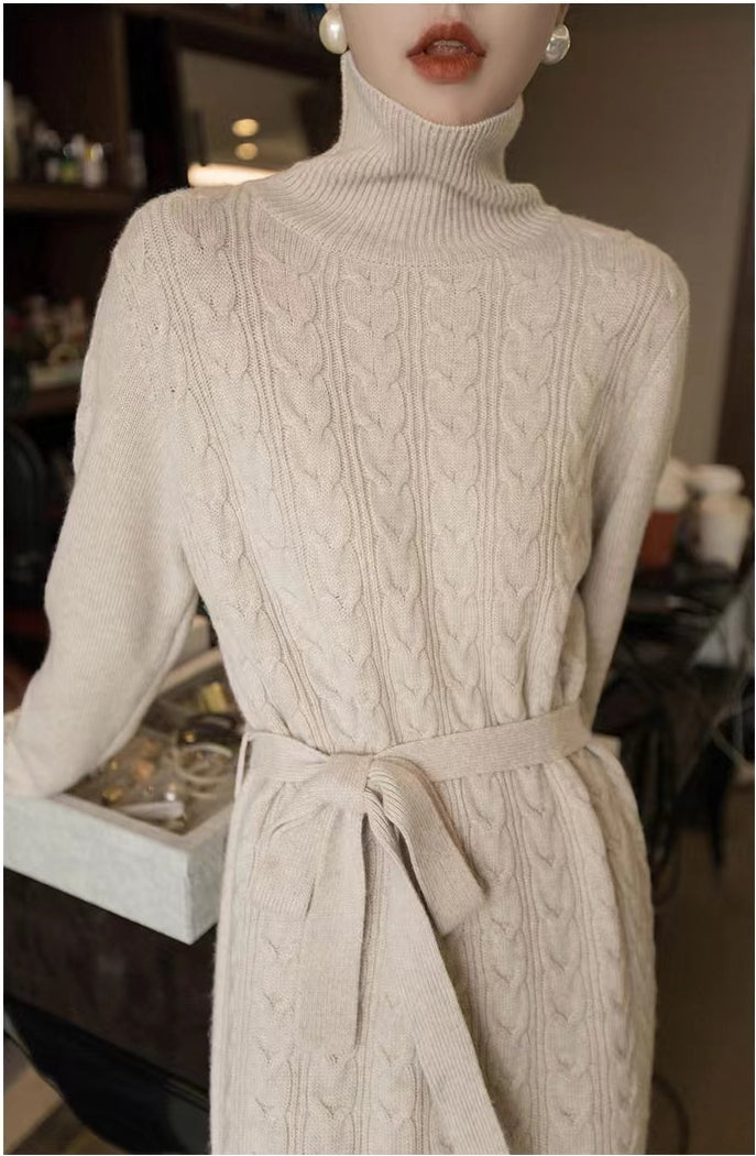 jinran Women Clothing Fashion Turtleneck Knitted Dress 2022 Autumn Winter New Lace-up Waist Sweater Skirt Korean Clothes Women Dresses