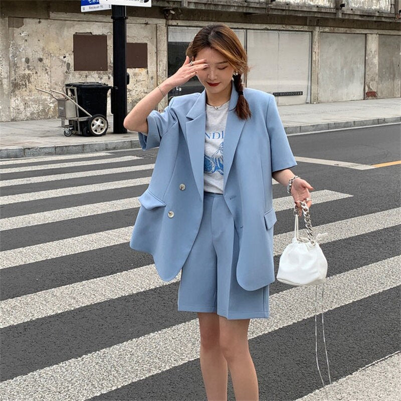 jinran Summer 2022 Thin Casual Loose Short Sleeve Jacket and Shorts Two-piece Elegant Women's Pants Suit Female Office Tracksuit Blazer