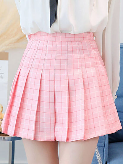 jinran Women Elegant High Waist Pleated A Line Skirt Summer Vintage Harajuku Y2K Plaid Korean Fashion Mini Kawaii Tennis Skirt Grils