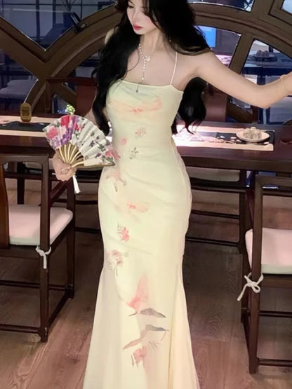jinran Sexy Bodycon Printed Mesh Long Dresses for Women Backless 2024 Summer New Korean Elegant Fashion Evening Party Female Vestidos