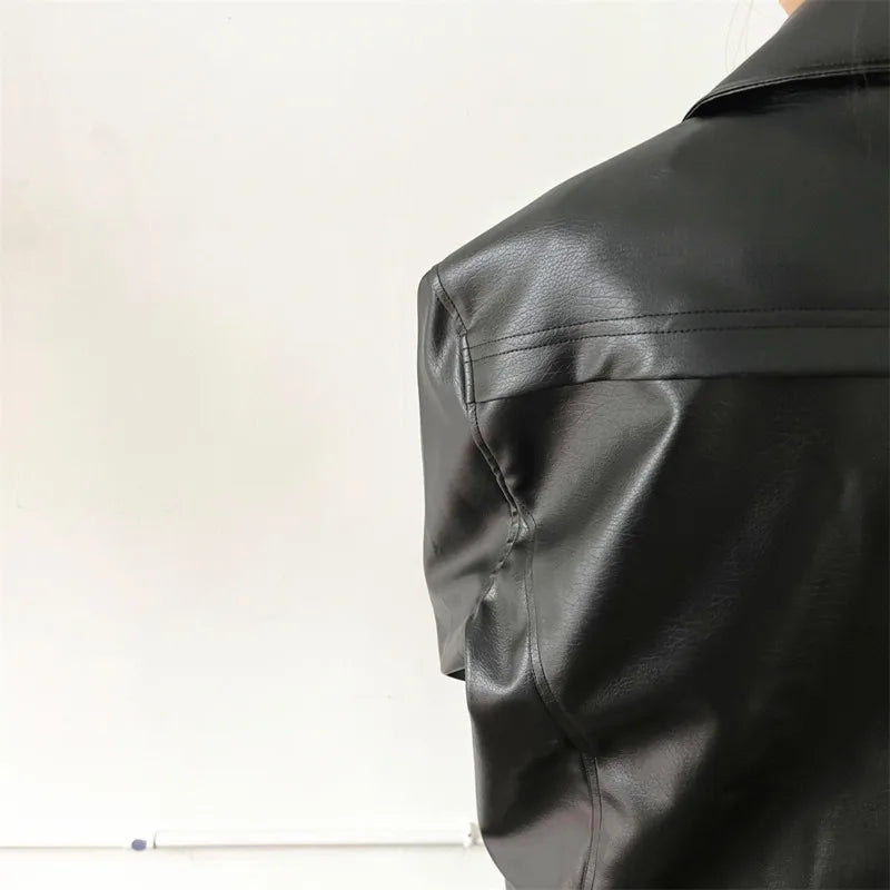 Black Short Leather Jacket Men Oversized Pocket Motorcycle Jackets Mens Streetwear Hip-hop Loose Bomber Jacket Men Korean Coat