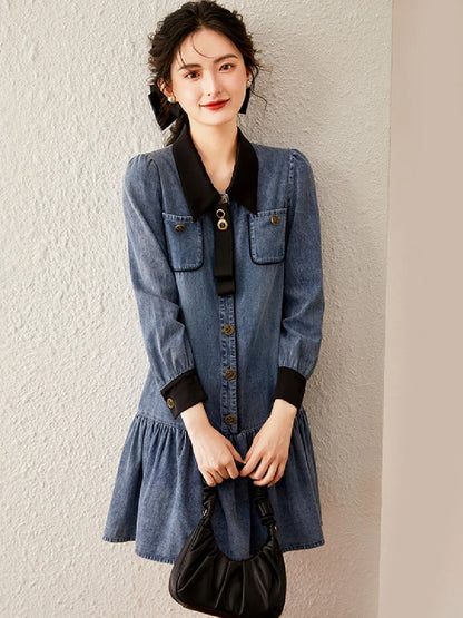 jinran Women Dress 2024 Summer Fashionable Washed Denim Dress Detachable Bow Tie Long Sleeve Polo Neck Short Dress for Women