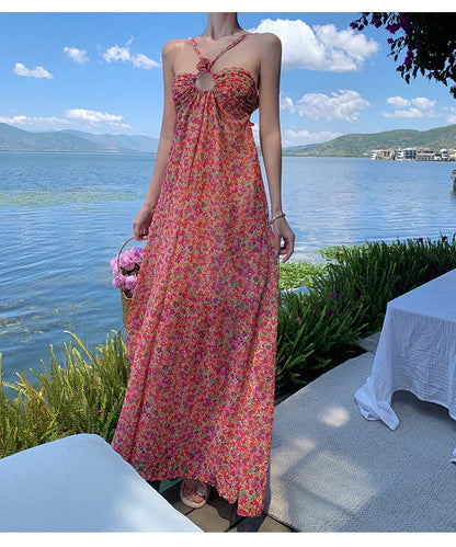 jinran Summer Sexy Spaghetti Strap Halter Beach Dress New Boho Maxi Backless Flower Print Red Chiffon Vestidos One Piece Long Robe