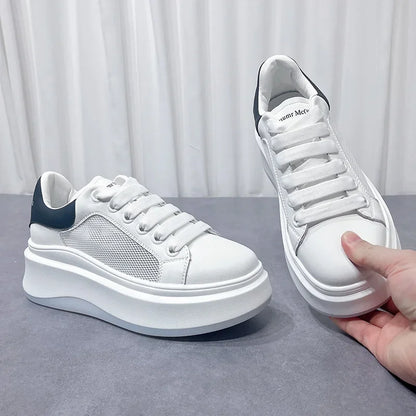 jinran Small stature, tall, small white shoes, women's genuine leather 2024 thick soled sponge cake mesh casual board shoes, breathable