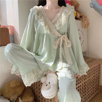 jinran New V-neck Tied Pajama Set for Women Spring Autumn Tops Long Sleeved Pants Lace Lace Pajamas