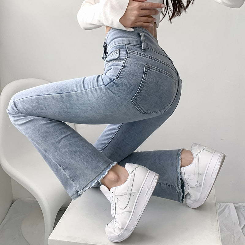 jinran Jeans Women Solid Blue Sexy Slimhigh Waist Jean Simple Ladies  Full Length Mom Cowboy Denim Flared Pants Mujer 2022 Spring New