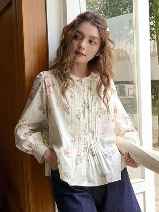 jinran Women Shirts French Romantic Broken Flowers Tops Autumn New Tuck Fold Sweet Casual  Long Sleeve Clothes