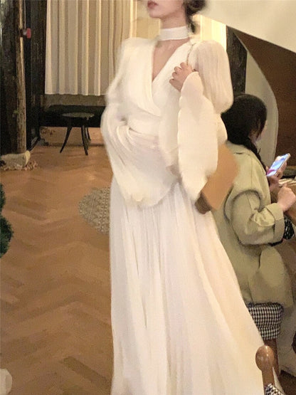 jinran Long Dress Women Elegant Spring Folds Fashion Evening Party Lady Vestido Vintage Summer French Loose Dresses Female Clothing