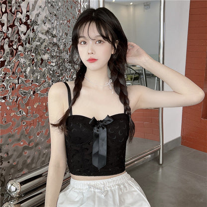 jinran Sexy Crop Top Women Crescent Moon Decorate Tank Top Bowknot Fixed Cup Padded Push Up Seamless Camisole Summer 2022 New