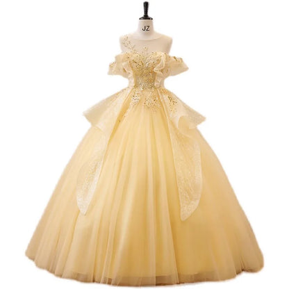 jinran The new colored yarn yellow evening dress sweet gorgeous costume elegant pompous skirt