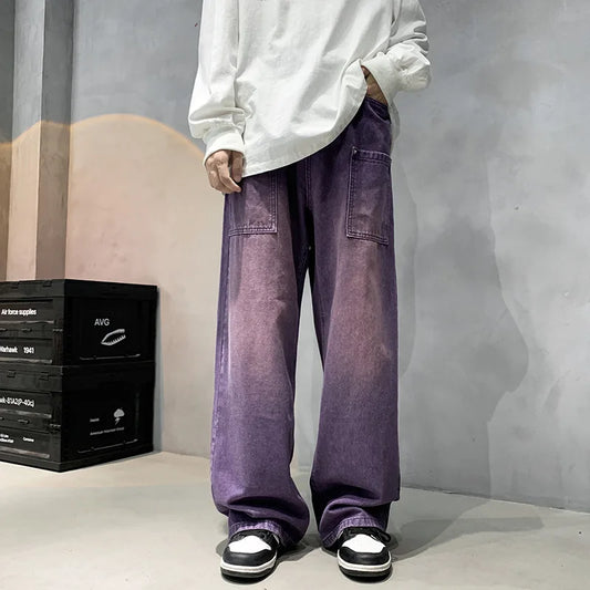 Purple Wide Jeans for Men Ins Fashion Hip Hop Denim Trousers Vintage Casual Pants Streetwear Oversized Bottoms Male Y2K Clothes