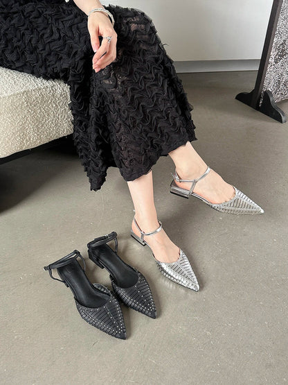 jinran Pointed Toe Women Sandals 2024 New Arrivals Ankle Strap Black Silver Summer Flat Low Heeled Rhinestone Party Sandals Size 35-39