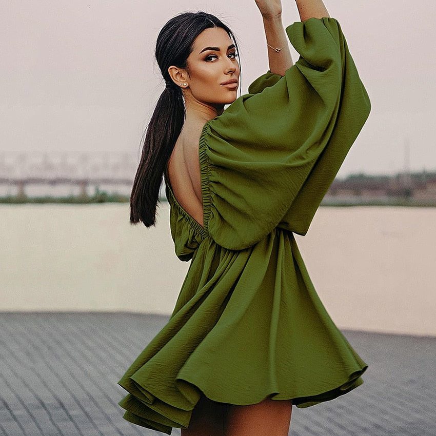 jinran Office Sexy Low Cut Pleated Dresses Backless Lantern Sleeve 2024 Summer Dress Woman V-Neck High Waist Casual A-Line Green Dress