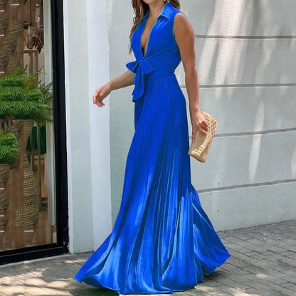 jinran Women's Jumpsuit Summer Fashion V Neck Sleeveless Lapel Solid Color Pleated Ties Loose Wide Leg Jumpsuit