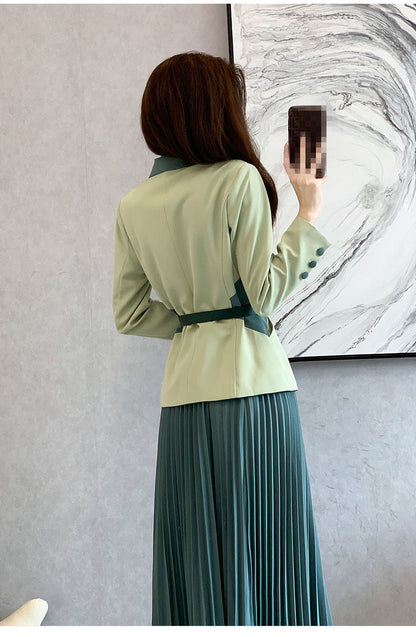 jinran 2022 Spring New Women's Two Pieces Suit Set Office Lady French Graceful Coats+Pleated Skirts Sets with Waistband Green Clothing