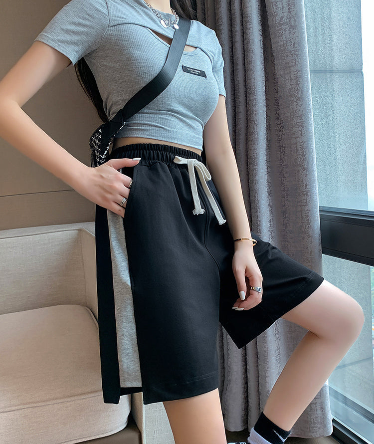 jinran  High Street Women's Shorts Summer Casual Sports Pants Black Light Gray Striped Patchwork Loose Half Pants Woman M-XXL