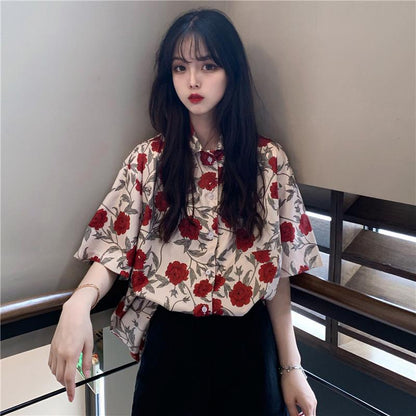 jinran Chiffon Blouse Women Women's Summer Tunic Vintage Clothes Female Hawaiian Shirt with Short Sleeve Harajuku Top Women