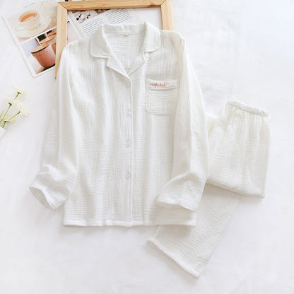 jinran New Spring And Autumn Pure Cotton Crepe Cloth Couple Soft Men Long-Sleeve Simple Home Service Women Two Piece Set