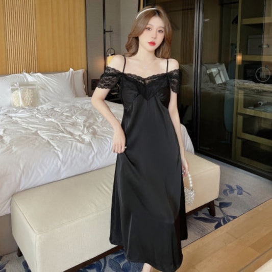 jinran Women Sexy Black Satin Night Dress Sleeveless Nighties V-neck Nightgown Thin Long Nightdress Lace Sleepwear Nightwear for Women
