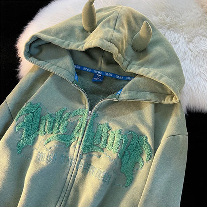 Y2k Little Cute Devil Horns Zip Up Hoodie Women Men Fall Long Sleeve Flocking Letter Hoodies Casual Zipper Oversized Jacket Coat