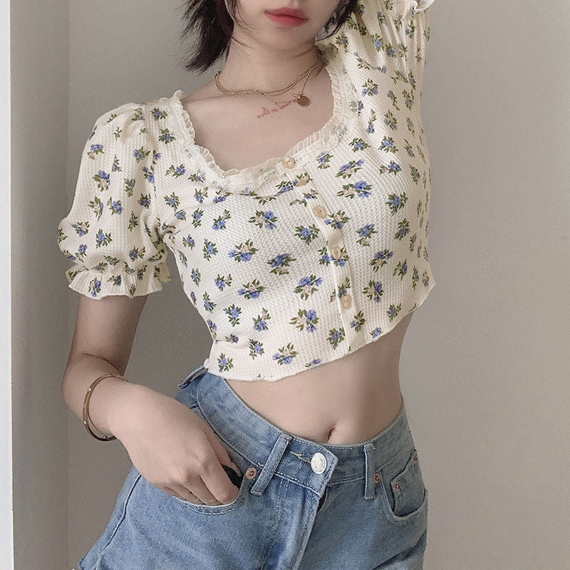 jinran Elegant French Style Summer Women Puff Sleeve Floral T shirts Casual Lace Patchwork Slim Cropped Tops Streetwear Harajuku Tee