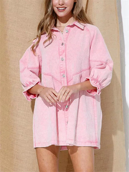 jinran Woman Sweet Pink Loose Denim Short Dress 2023 Summer Female Solid Single Breasted Mini Dress Casual Three-quarter Sleeve Dresses