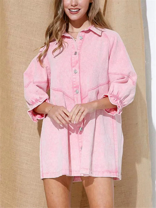 jinran Woman Sweet Pink Loose Denim Short Dress 2023 Summer Female Solid Single Breasted Mini Dress Casual Three-quarter Sleeve Dresses