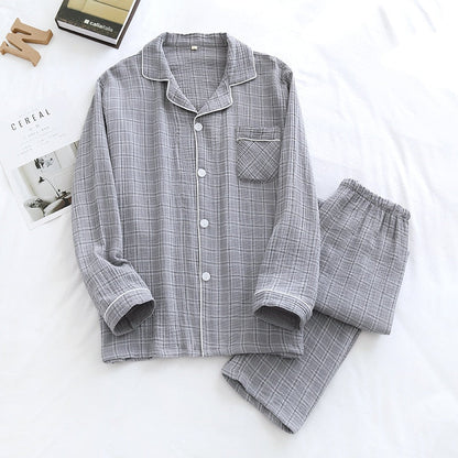 jinran New Spring And Autumn Pure Cotton Crepe Cloth Couple Soft Men Long-Sleeve Simple Home Service Women Two Piece Set