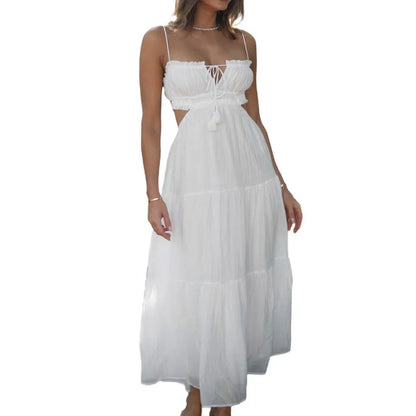 jinran Women Long Dress Evening Party Summer Clothes 2023 Solid Color Tie-Up Sleeveless Backless Fashion Sling Dress Sexy Club