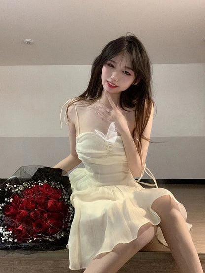 jinran Summer Spaghetti Strap Dress Pleated Backless Corset Dress High Waist Slim Short A-Line Dress Gauze Women's Spring Clothing