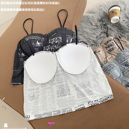 jinran Newspaper Printing Crop Top Women Ice Silk Soft Breathable Fixed Cup Tube Top Push Up Wireless Camisole 2022 New