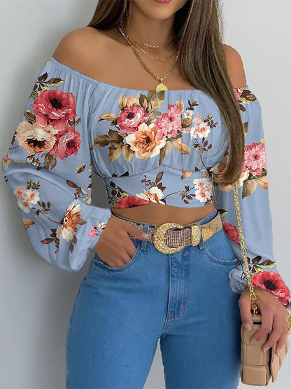 jinran Women Elegant Boho Print Blouse Casual Long Lantern Sleeve Off Shoulder Slim Shirt Female Chic Cropped Top Summer Tunics