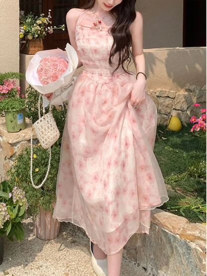 jinran Y2K Elegant Print Halter Dresses for Women Sweet Pink Casual Print Chiffon Sleeveless Party Dress Fairy Princess Vestido Mujer