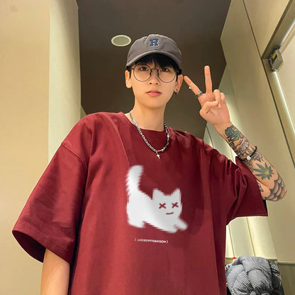 jinran Men's Oversized T-shirts Cotton T Shirt White for Men Casual Summer Wear Cat Anime Print Fashion Tee Shirts Men Clothing