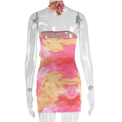 jinran 2024 Summer Elegant Flower Printed Vacation Bodycon Mini Dress Women Sexy Slash Neck Hollow Strapless Street Beachwear Dresses