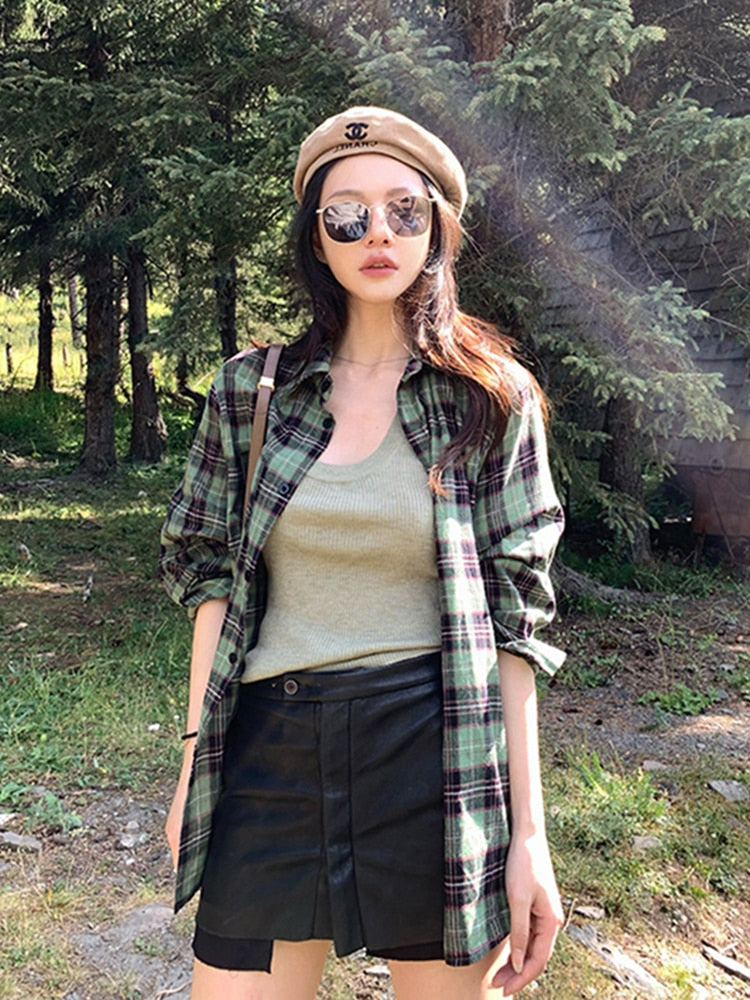 jinran Green Plaid Shirts Women Blouse Spring Summer 2023 Vintage Loose Button Up Shirt Coat Casual Long Sleeve Tops Y2k Clothes